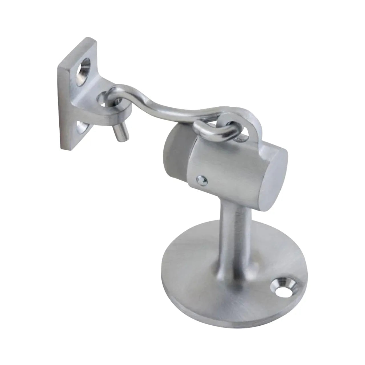 The Go Build 3-5/8 in. Floor Stop with Holder in satin chrome is a floor-mounted door stopper with a magnetic catch and hook, suitable for wall or floor installation.